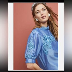 Anthropologie Blue Embroidered Puff-Sleeve Top